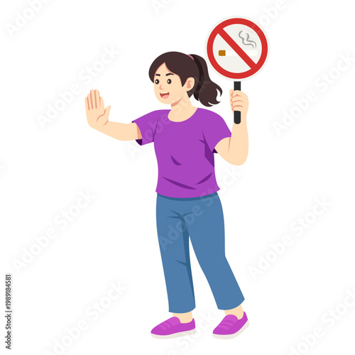 Woman Holding No Smoking Sign While Showing Stop Hand Gesture To Prohibit Smoking Activity