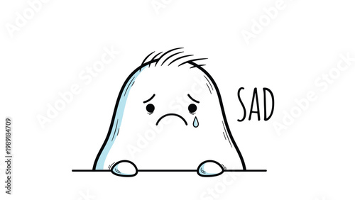 Sad white cartoon character looks over a ledge with a single blue tear and the word sad written in black text against white background.
