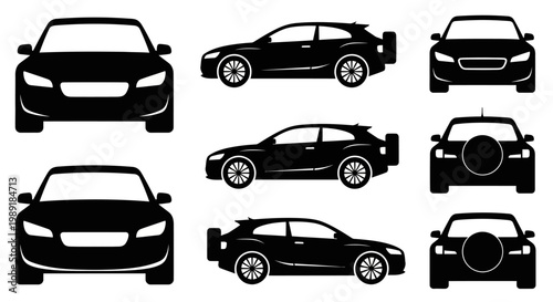 Set of Black Car Silhouettes: Front, Side, and Rear Views