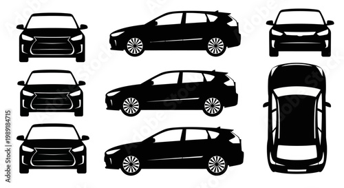 Set of Black Car Silhouettes: Front, Side, and Top Views of a Modern Crossover SUV