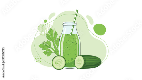 Fresh green smoothie in a glass bottle with a striped straw is surrounded by cucumber slices and celery stalks.