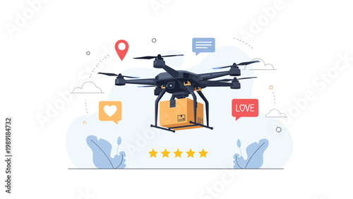 Black delivery drone carries a cardboard box through a blue sky with location, like, and love icons and rating stars.