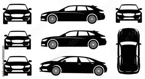 Set of Black Car Silhouettes: Front, Side, and Top Views of Sedans and Wagons