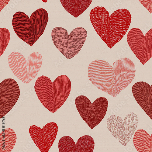 Repeating pattern of textured red and pink hearts on a light beige background, hand-drawn style.