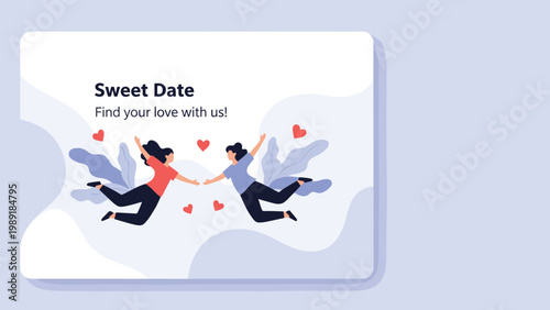 Two women jump happily toward each other with hearts in the air on a webpage titled Sweet Date Find your love with us.
