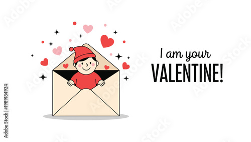 Romantic valentine greeting card featuring a cute boy in a red hat peeking out of an envelope surrounded by hearts and stars with text.