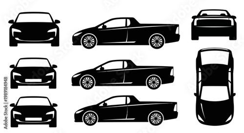 Set of Black Car Silhouettes: Front, Side, and Top Views