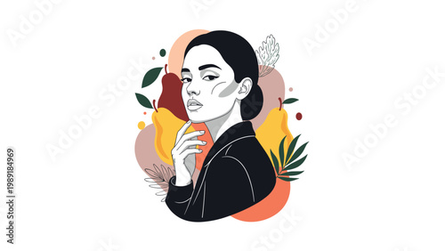 Elegant art illustration of a woman with a thoughtful expression set against a background of colorful pears and botanical leaves.