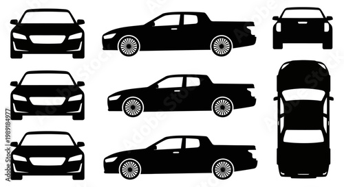 Set of Black Car Silhouettes: Front, Side, and Top Views
