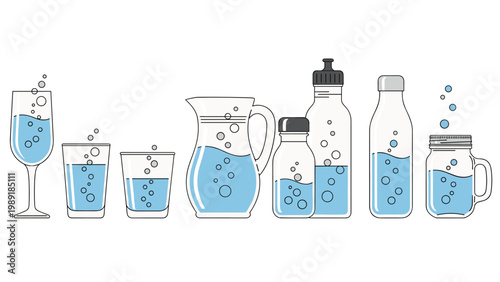 Various glass containers including a wine glass, tumblers, a pitcher, and water bottles filled with sparkling water and rising bubbles.