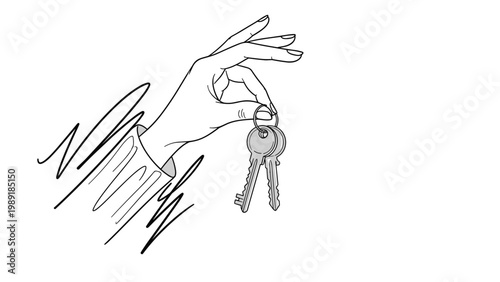Hand drawn line art illustration of a hand holding a set of keys with expressive scribbled lines in the background on a white space.