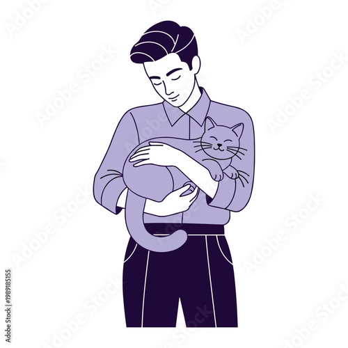 Stylish man with dark hair wearing a purple shirt gently holding a light purple cat