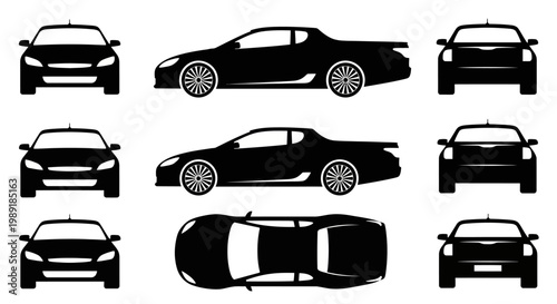 Set of Black Car Silhouettes: Front, Side, and Top Views