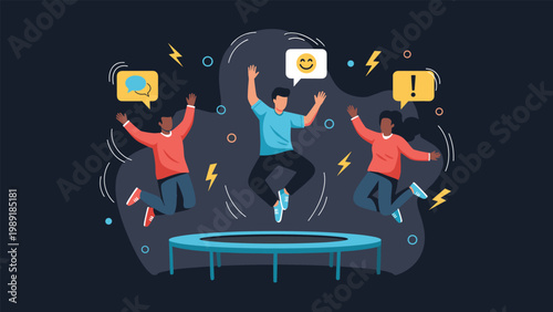 Diverse group of young people jumping and having fun on a large blue trampoline with emoji speech bubbles in a dark space with thunderbolts.