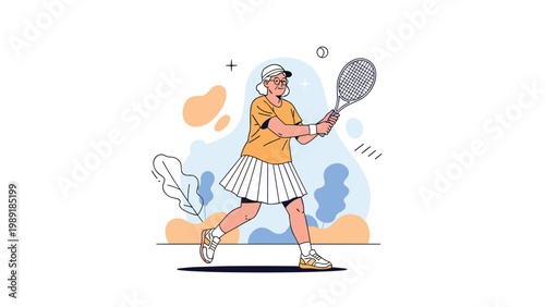 Athletic senior woman in a yellow shirt and white skirt actively playing tennis with a racket on a colorful decorative background.