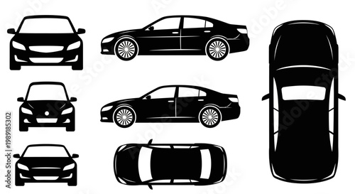 Set of Black Car Silhouettes: Front, Side, and Top Views