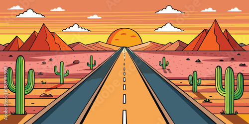 Minimal Desert Highway Vector Illustration, Flat Road Landscape with Cactus