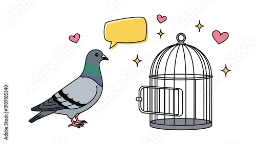 Symbolic illustration of a gray pigeon standing outside an open wire bird cage with hearts and a blank yellow speech bubble.