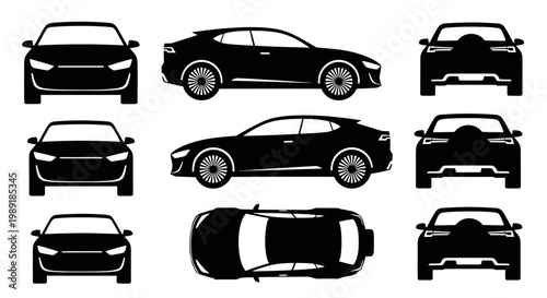 Set of Black Car Silhouettes: Front, Side, and Top Views