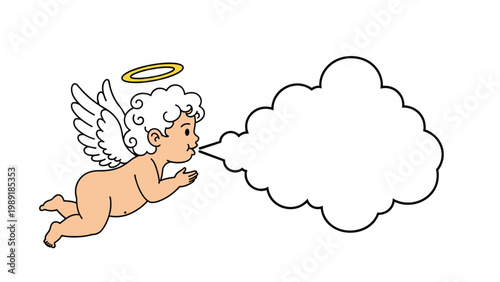 Cute little angel or cherub with white wings and a golden halo blowing into a large white fluffy cloud against a plain background.