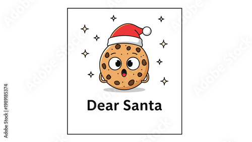 Adorable chocolate chip cookie character wearing a red santa claus hat with a shocked expression and the greeting text dear santa.