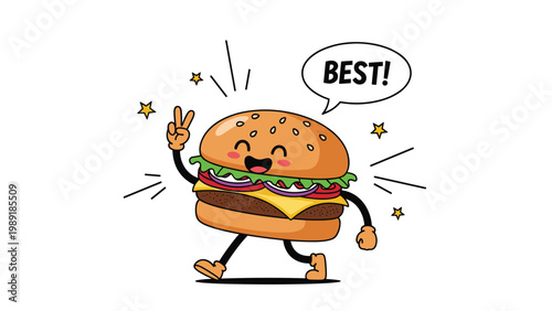 Fun cartoon hamburger character walking while showing a peace sign and a smile with stars and a speech bubble saying best.