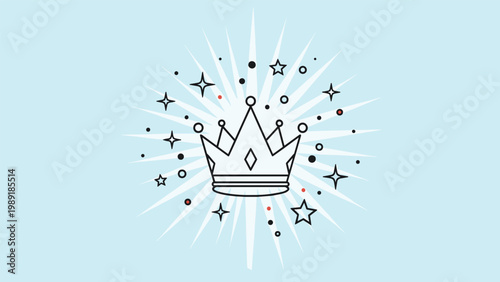 Elegant crown icon with a simple black outline surrounded by rays of light, stars, and colorful dots against a soft blue background.