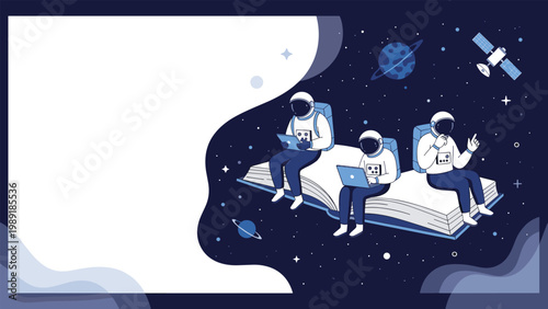 Whimsical space exploration concept with three astronauts sitting on a large open book floating in the starry galaxy with a satellite.