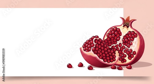 Rosh Hashanah banner with pomegranate and seeds, traditional Jewish New Year symbol on soft background with copy space for greeting card or festive design