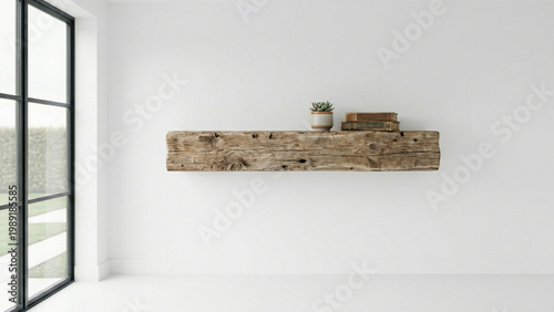 Floating shelf made of thick reclaimed sleepers in a white room