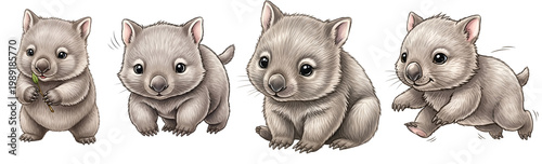 A group of adorable wombat illustrations in various playful poses on transparent background