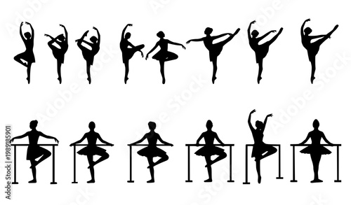 Ballet icons vector set black white dancer poses barre illustration