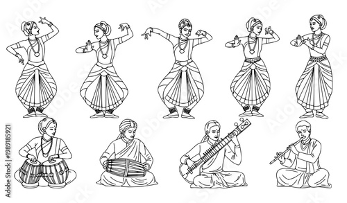 Indian dancers musicians line art vector traditional cultural illustration