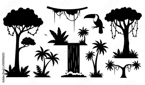 Tropical jungle vector silhouette set toucan trees waterfall vines