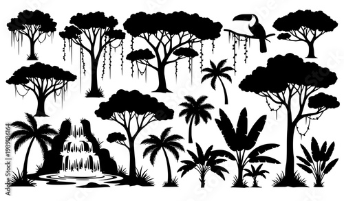 Jungle silhouette vector set trees toucan waterfall vines tropical