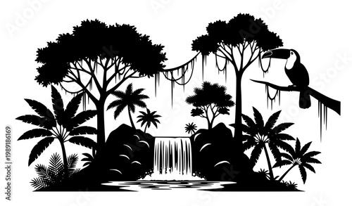 Jungle elements vector silhouette toucan trees waterfall tropical set
