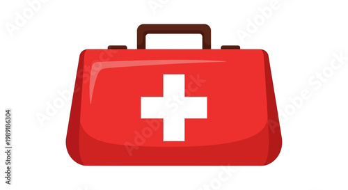 Red first aid kit vector illustration with white cross emblem for medical emergency assistance and health services
