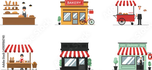 Bakery Shop and Street Food Stall Collection Set Featuring Storefront, Cart and Counter Designs with Red Awning in Flat Vector Design for Retail and Business Concepts