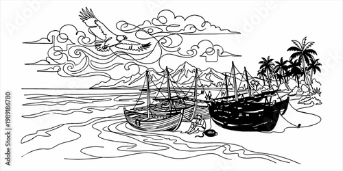Sketched Tropical Beach Scene with Detailed Boats and Full Black Silhouettes