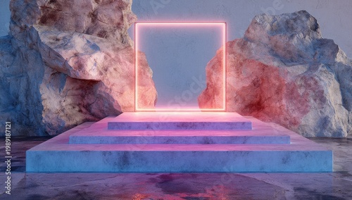 Lit square atop tiered platform between textured rocks, blue and pink