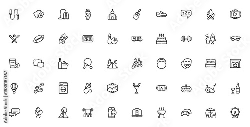 Free Time icon set. Vector leisure activity symbols. Includes jump rope, card games, camping, sports, music, party, exercise, travel, hobbies and more. Editable thin line icons.