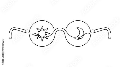 Single Continuous Line Glasses with Sun and Moon Lenses Minimal Vector Illustration