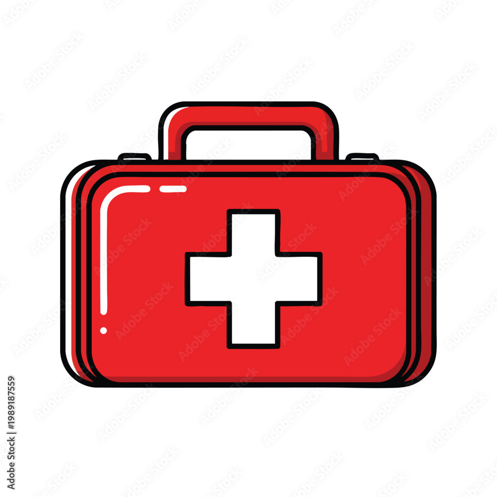 Obraz premium Bright Red First Aid Kit with White Cross for Emergency Medical Supplies