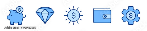 Business Finance solid icon set. Financial Management, Planning, Economy, Money, Analytics, Dollar concept. Blue vector icons collection.