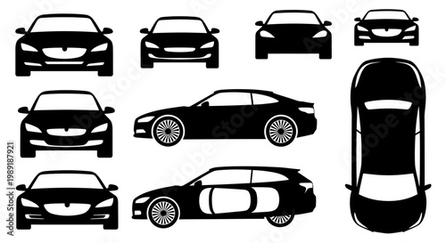 Set of Black Car Silhouettes: Front, Side, and Top Views