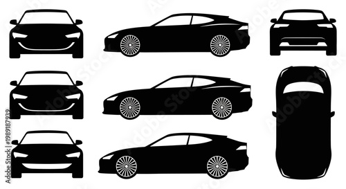 Set of Black Car Silhouettes: Front, Side, and Top Views