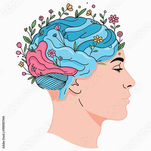 Human mind development and creative thinking concept showing male head with floral brain.