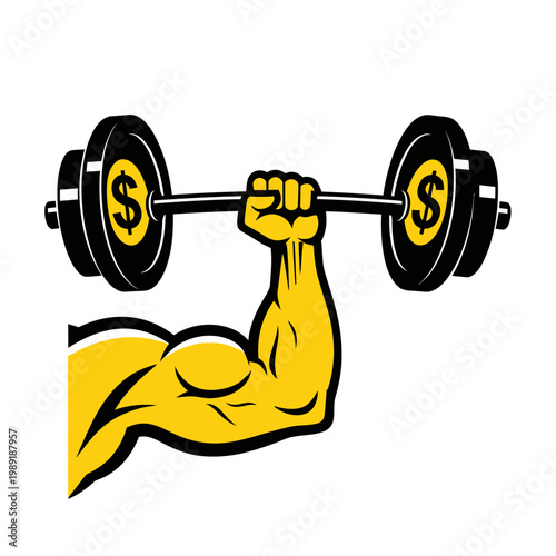 Strong Arm Lifting Barbell with Dollar Signs on Weights - Financial Strength Concept