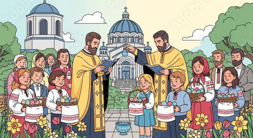 Orthodox Easter celebration with priests blessing children holding decorated eggs outside a church religious tradition and community gatheri