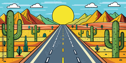 Modern flat desert highway scene, road leading to sun, cactus and hillsModern flat desert highway scene, road leading to sun, cactus and hills